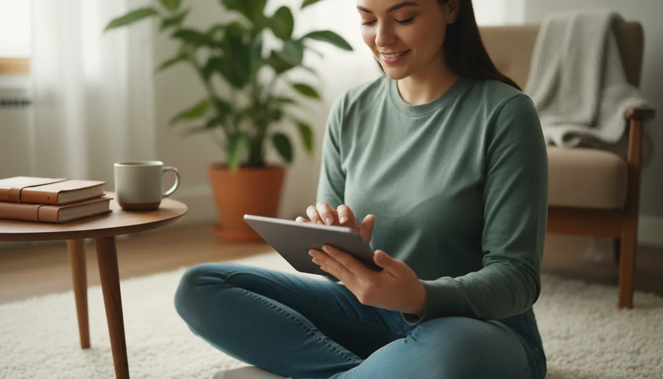 A woman using a tablet at home to track her brain health